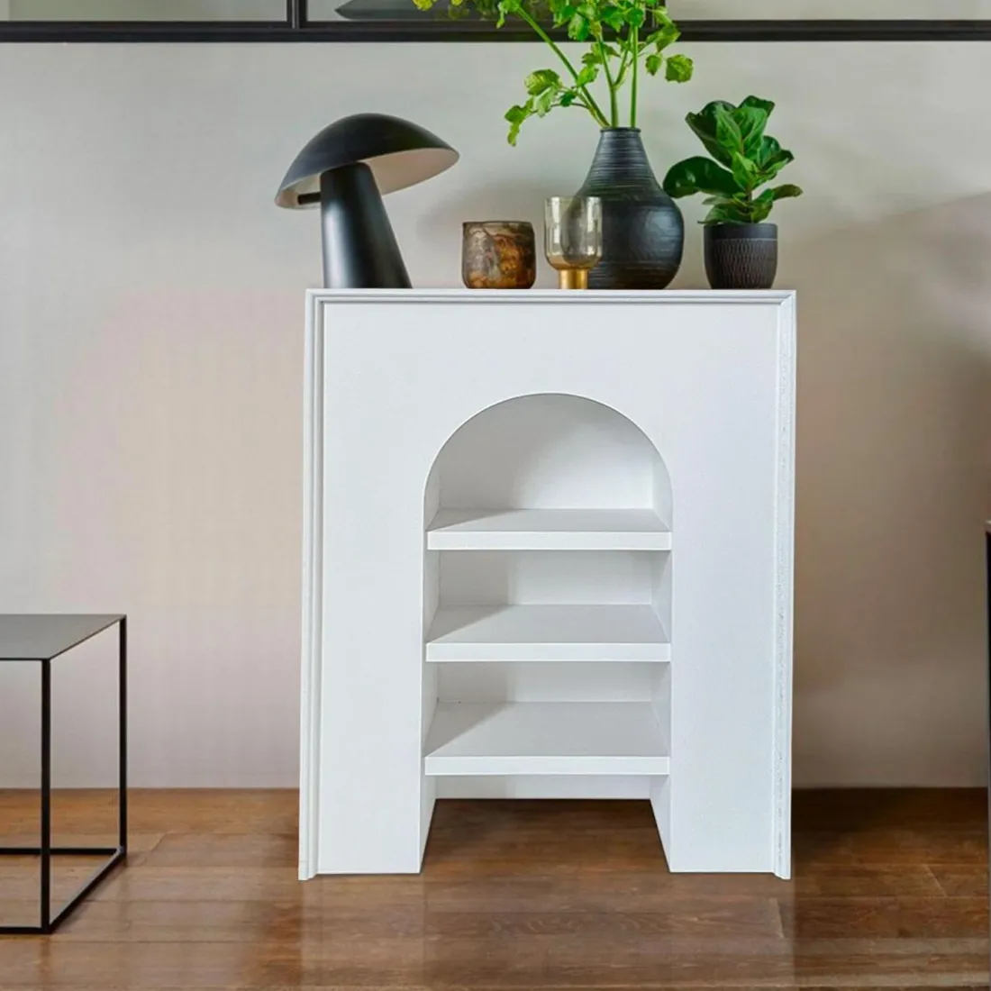 Meuble à étagères style naturel avec arche Vincia Blanc texturé