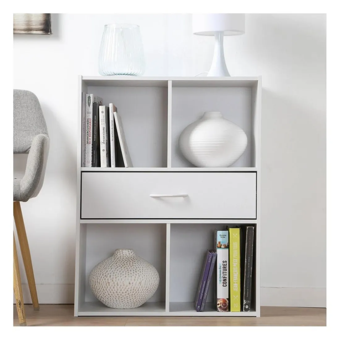 Meuble banc à 4 cases avec 1 tiroir en bois Blanc