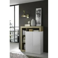 Meuble bar 2 portes blanc lacqué brillant chene Cadiz