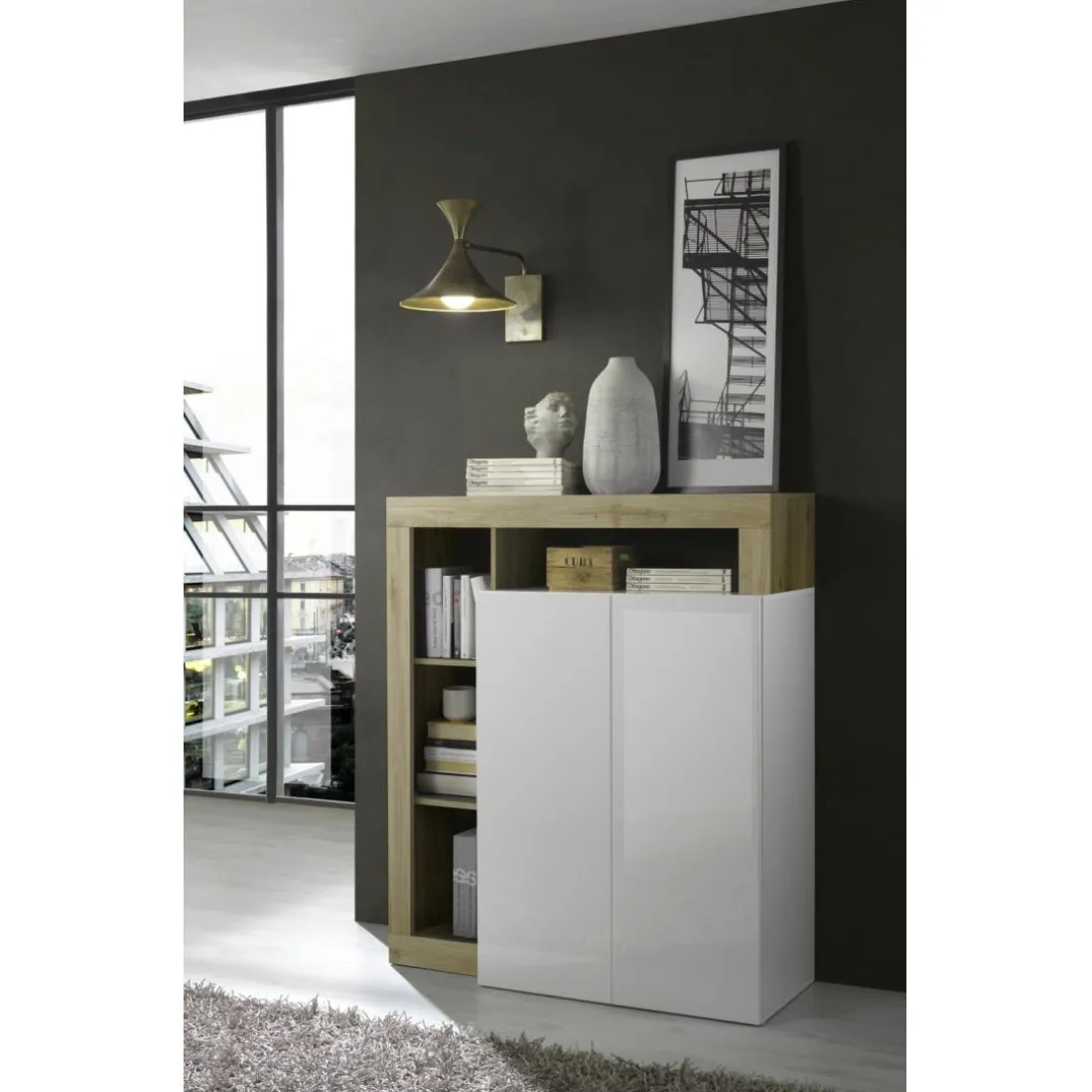 Meuble bar 2 portes blanc lacqué brillant chene Cadiz