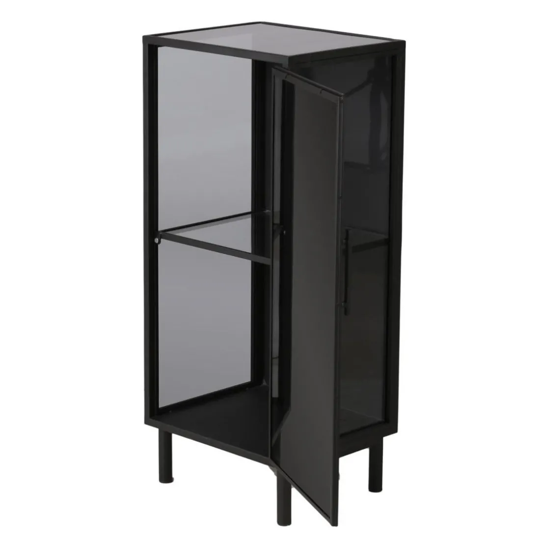 Meuble bas métal noir et verre fumé