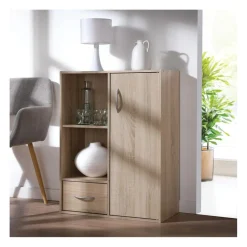 Meuble de rangement à 4 cases 1 porte et 1 tiroir Beige