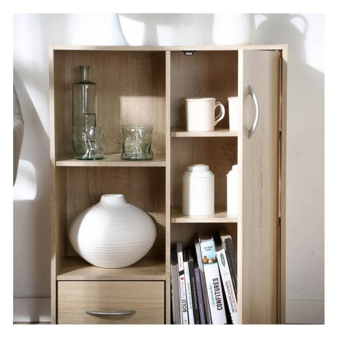 Meuble de rangement à 4 cases 1 porte et 1 tiroir Beige