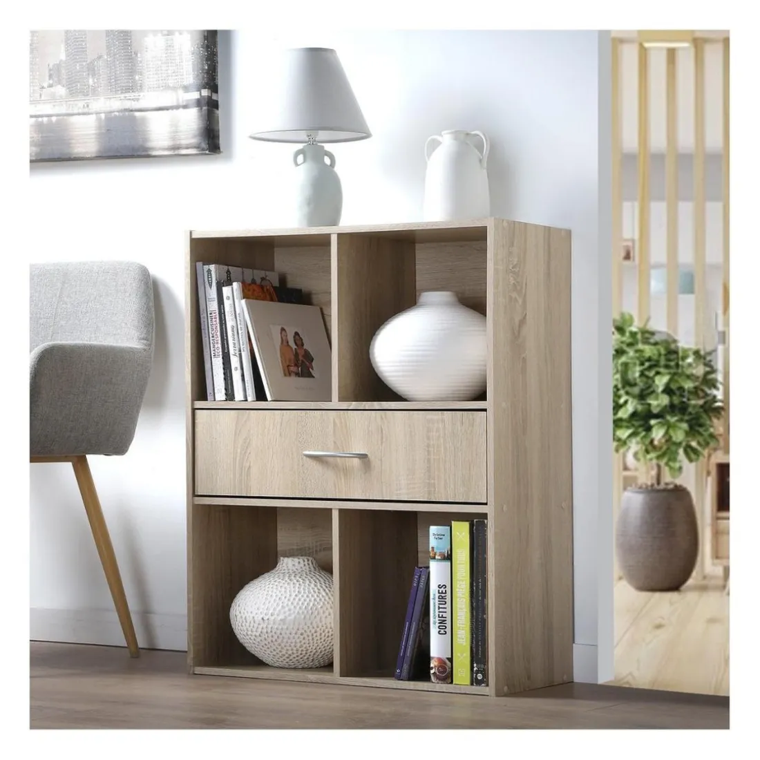 Meuble de rangement à 4 cases avec 1 tiroir Beige