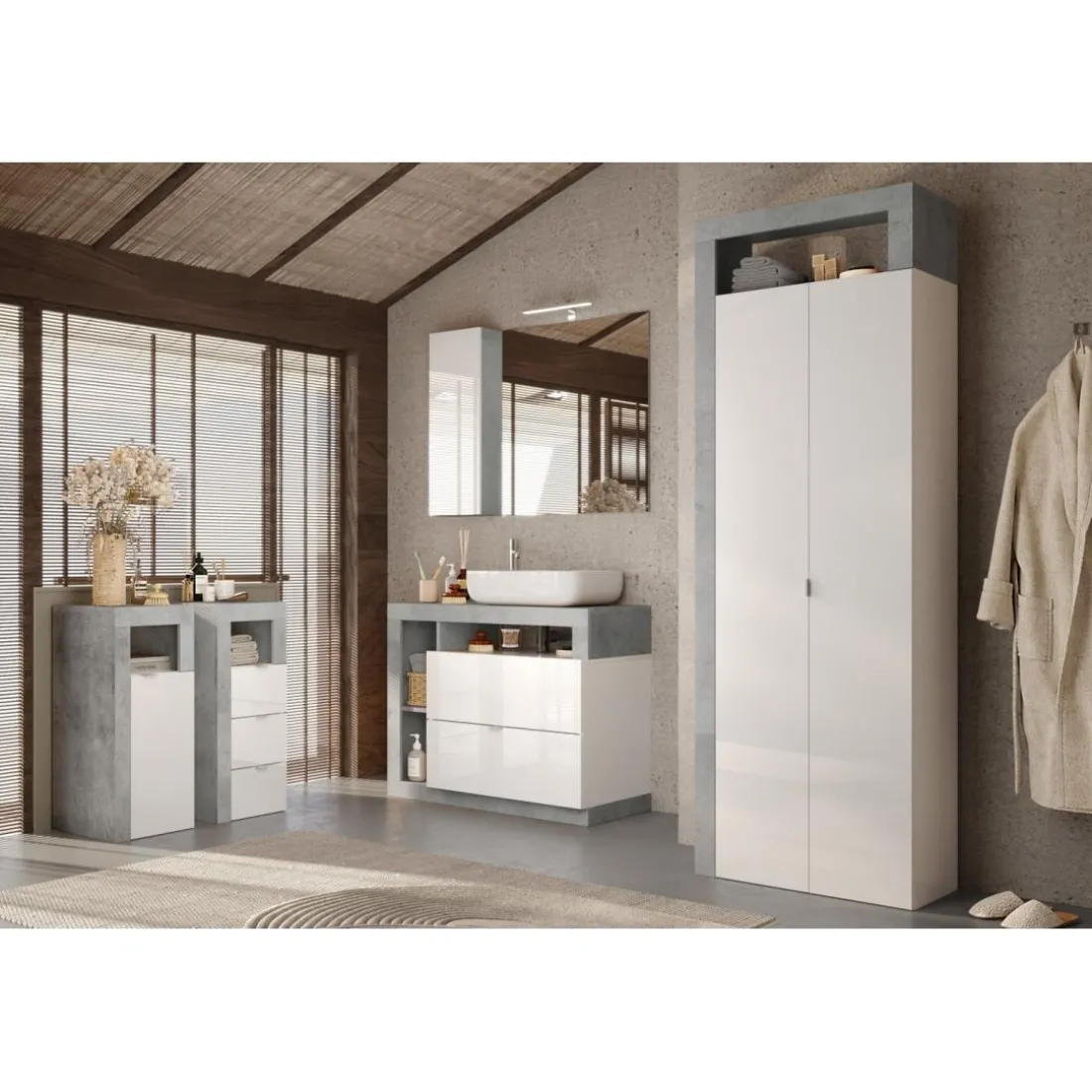 Meuble de rangement salle de bain 3 tiroirs effet béton façade blanc L35xH78 cm
