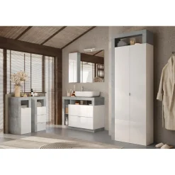 Meuble de rangement salle de bain 1 Porte effet béton façade blanc laqué L35xH78 cm