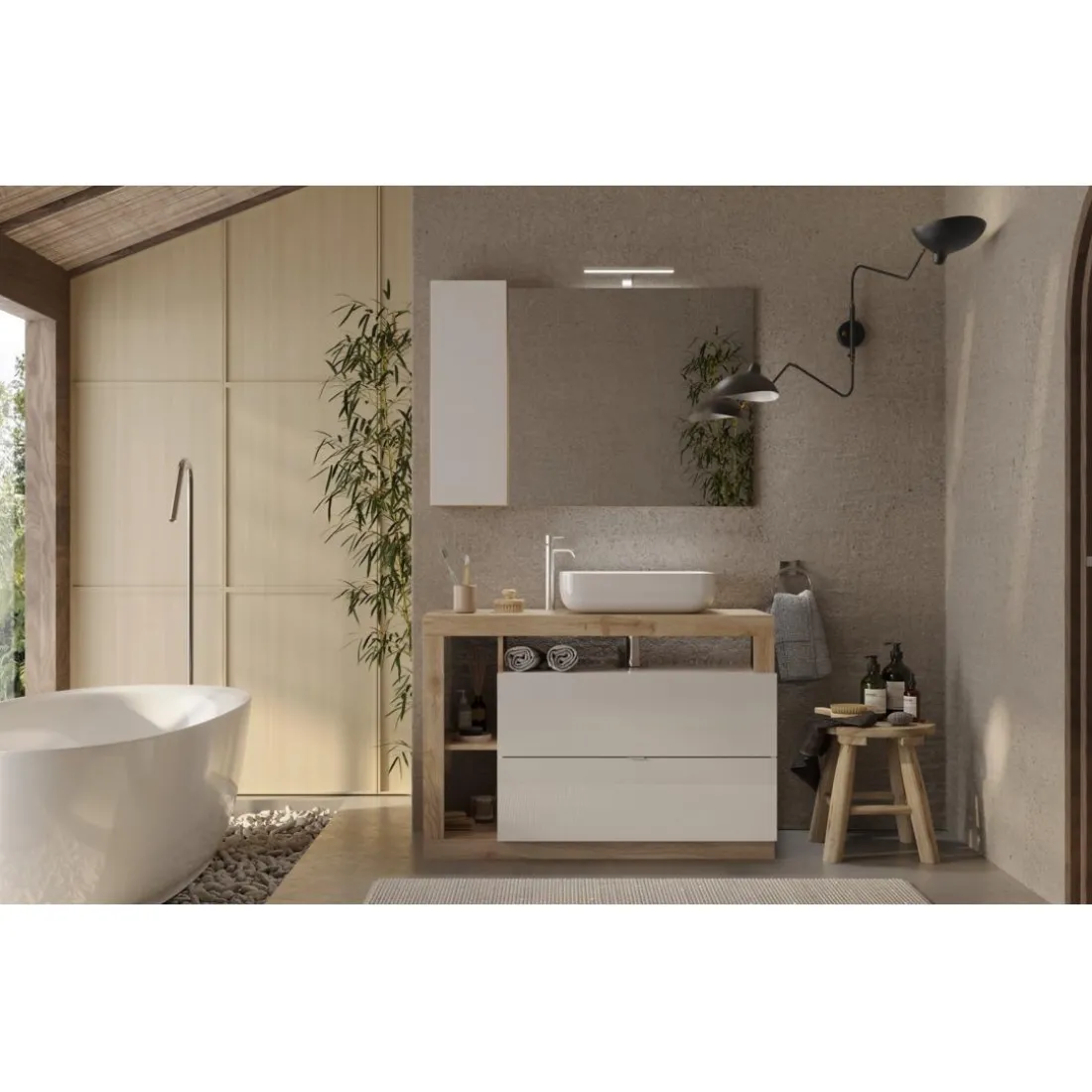 Meuble salle de bain Ancona sur pieds 2 Tiroirs 3 niches vasque à poser