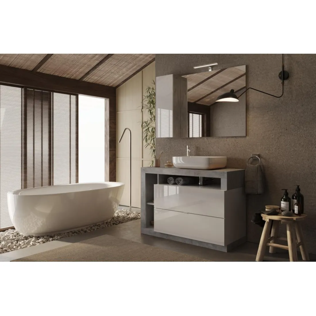 Meuble salle de bain sur pieds Ancona 2 Tiroirs 3 niches vasque à poser 110 cm