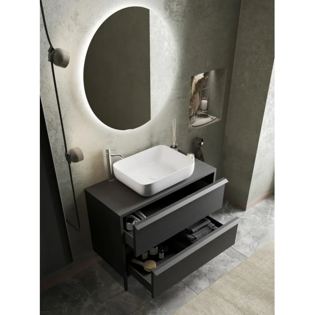 Meuble salle de bain sur pieds coloris Frêne Noir