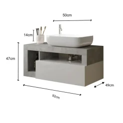 Meuble salle de bain suspendu Ancona coloris Béton 1 Tiroir et 2 niches vasque à poser 92 cm