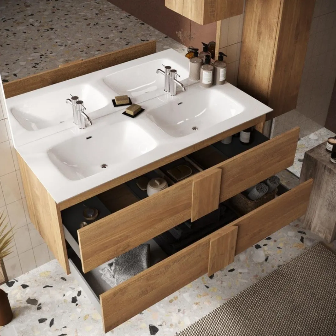 Meuble salle de bain suspendu 2 tiroirs et double vasque integrée en céramique