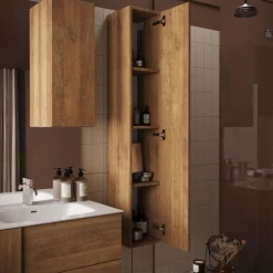 Meuble salle de bain suspendu 2 tiroirs et double vasque integrée en céramique