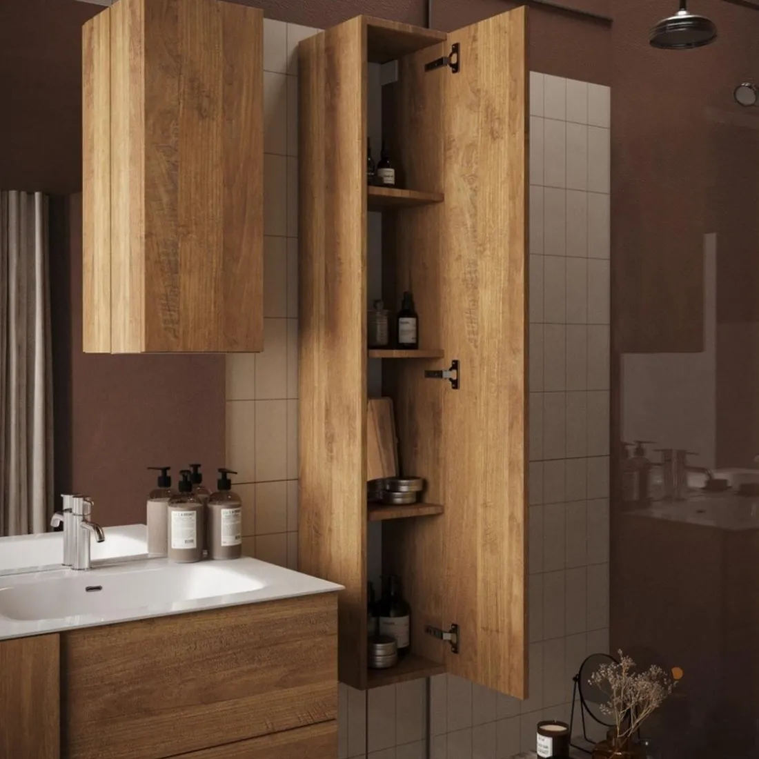 Meuble salle de bain suspendu 2 tiroirs et double vasque integrée en céramique