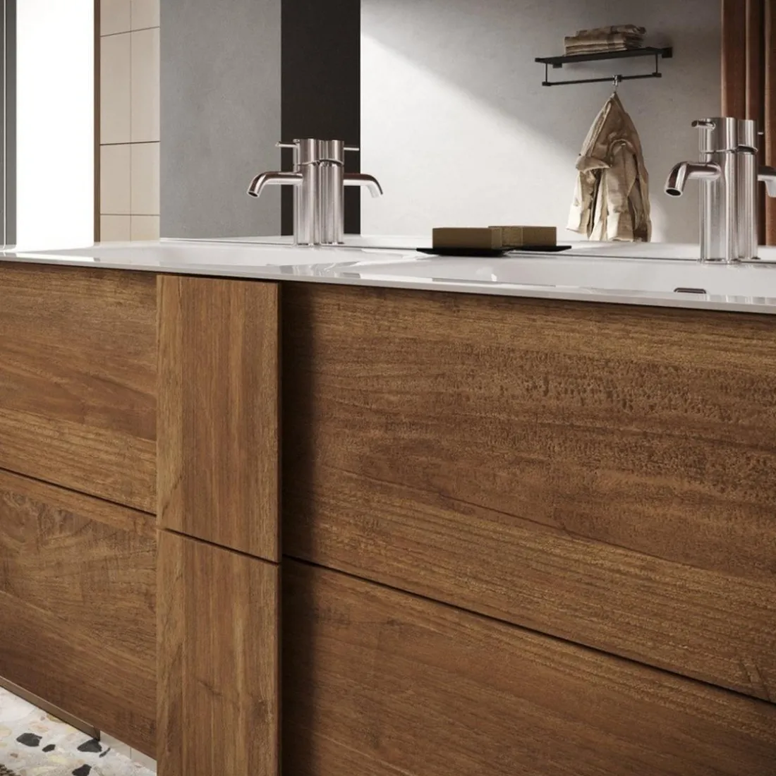 Meuble salle de bain suspendu 2 tiroirs et double vasque integrée en céramique