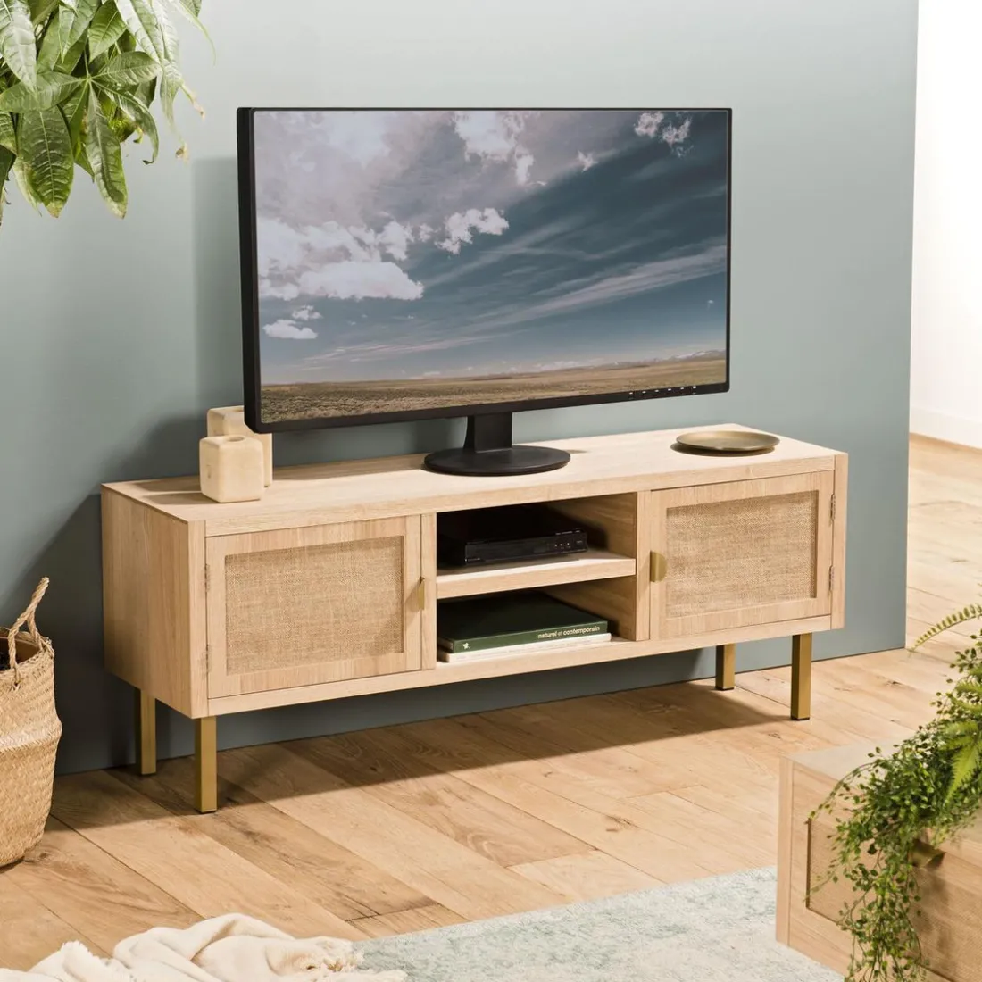 Meuble Tv 2 ALINE Niches 2 Portes Toile De Jute Pieds Métal Doré