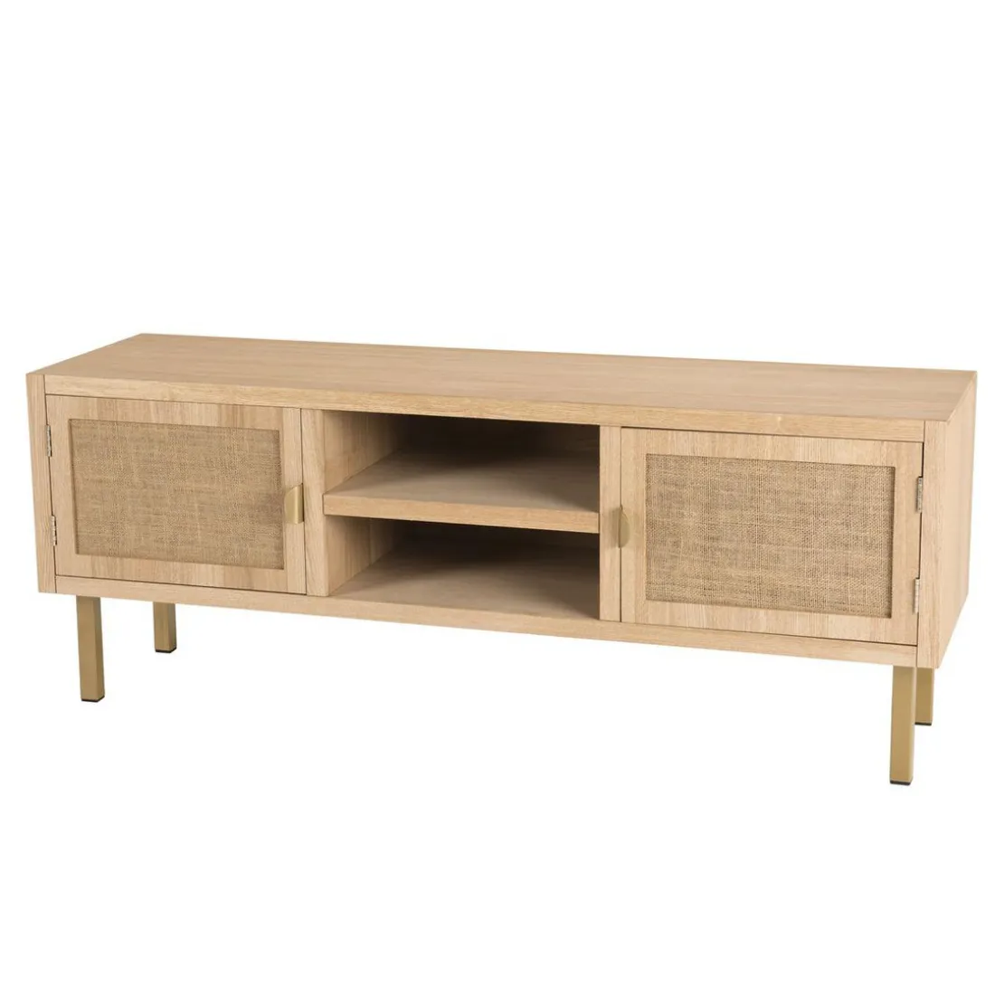 Meuble Tv 2 ALINE Niches 2 Portes Toile De Jute Pieds Métal Doré