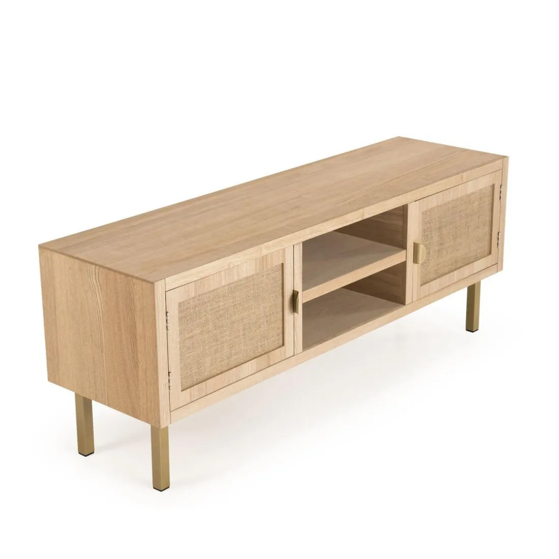 Meuble Tv 2 ALINE Niches 2 Portes Toile De Jute Pieds Métal Doré