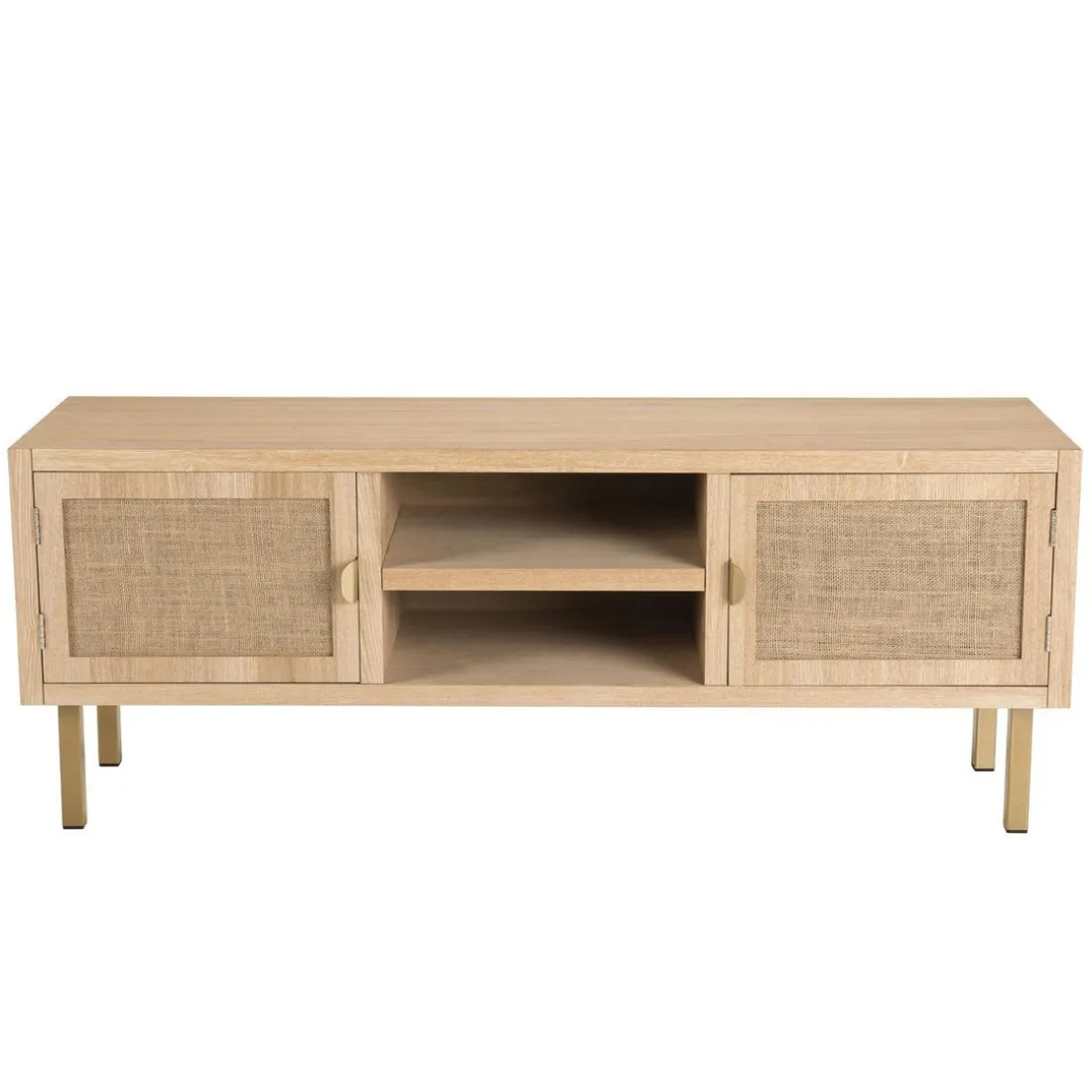 Meuble Tv 2 ALINE Niches 2 Portes Toile De Jute Pieds Métal Doré