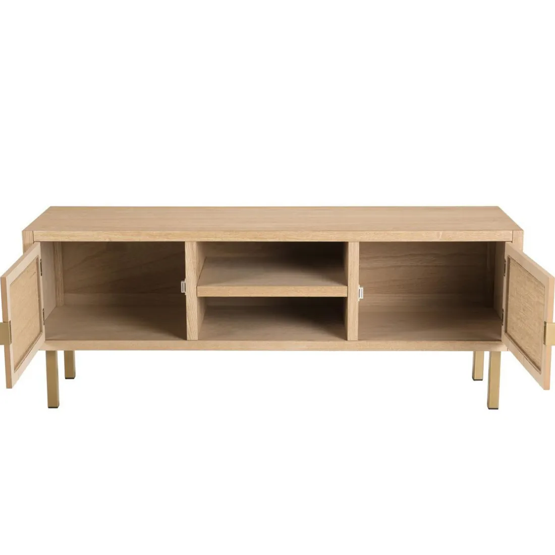 Meuble Tv 2 ALINE Niches 2 Portes Toile De Jute Pieds Métal Doré