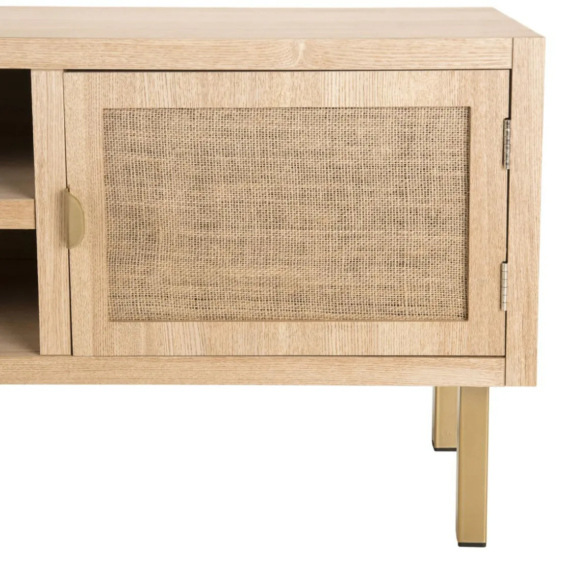 Meuble Tv 2 ALINE Niches 2 Portes Toile De Jute Pieds Métal Doré