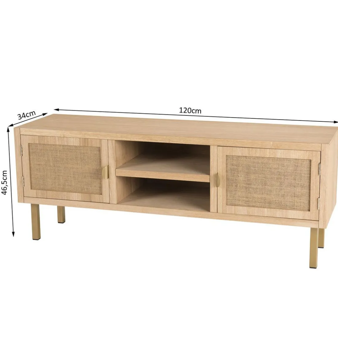 Meuble Tv 2 ALINE Niches 2 Portes Toile De Jute Pieds Métal Doré