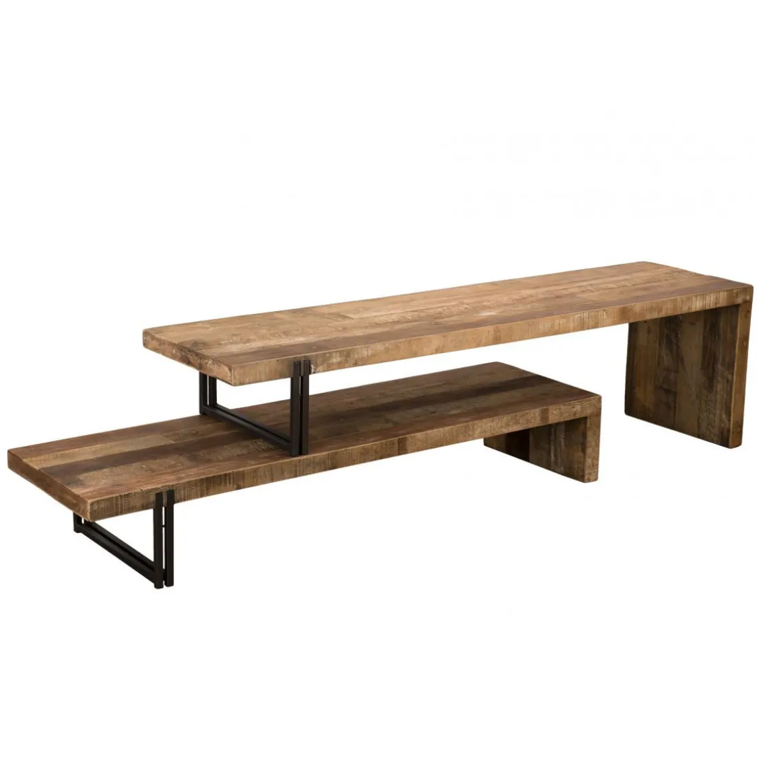 Meuble TV 2 niveaux bois de Teck recyclé et métal - NASAI