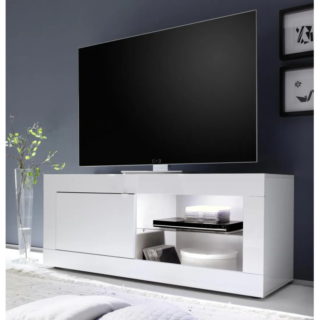 Meuble TV 1 porte BASIC laqué blanc brillant
