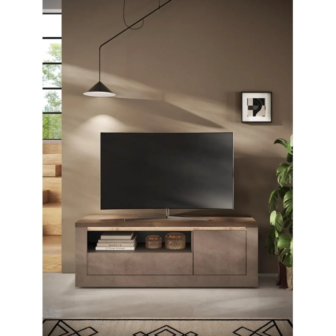 Meuble tv 1 porte et 1 tiroir et niche ISCHIA avec éclairage LED intégré