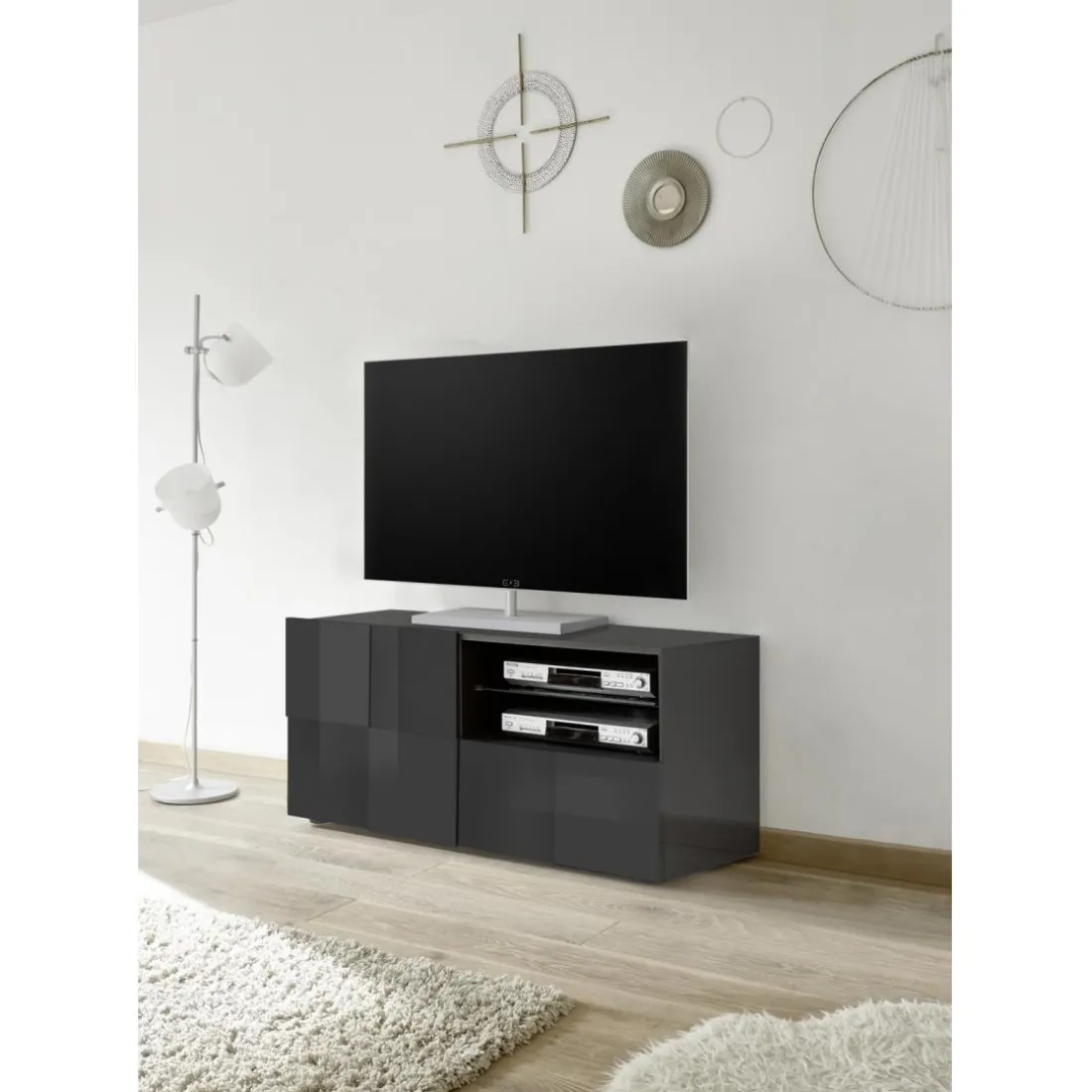 Meuble TV 1 porte et 1 tiroir DAMA laqué anthracite brillant