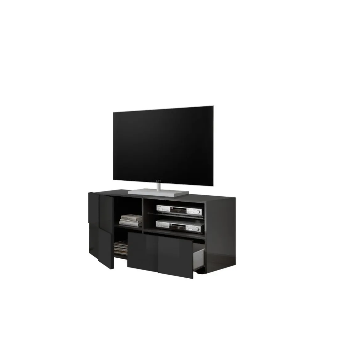 Meuble TV 1 porte et 1 tiroir DAMA laqué anthracite brillant