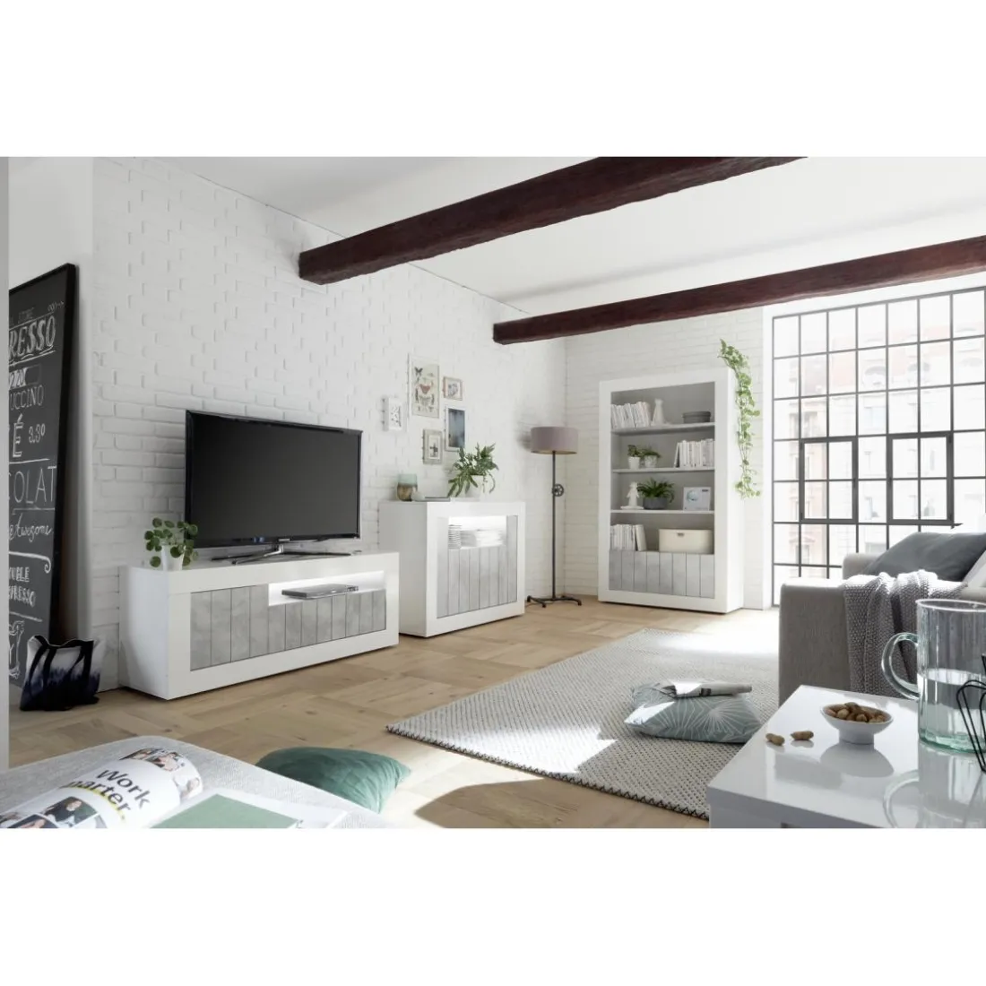 Meuble TV 3 portes battantes URBINO blanc brillant et cement