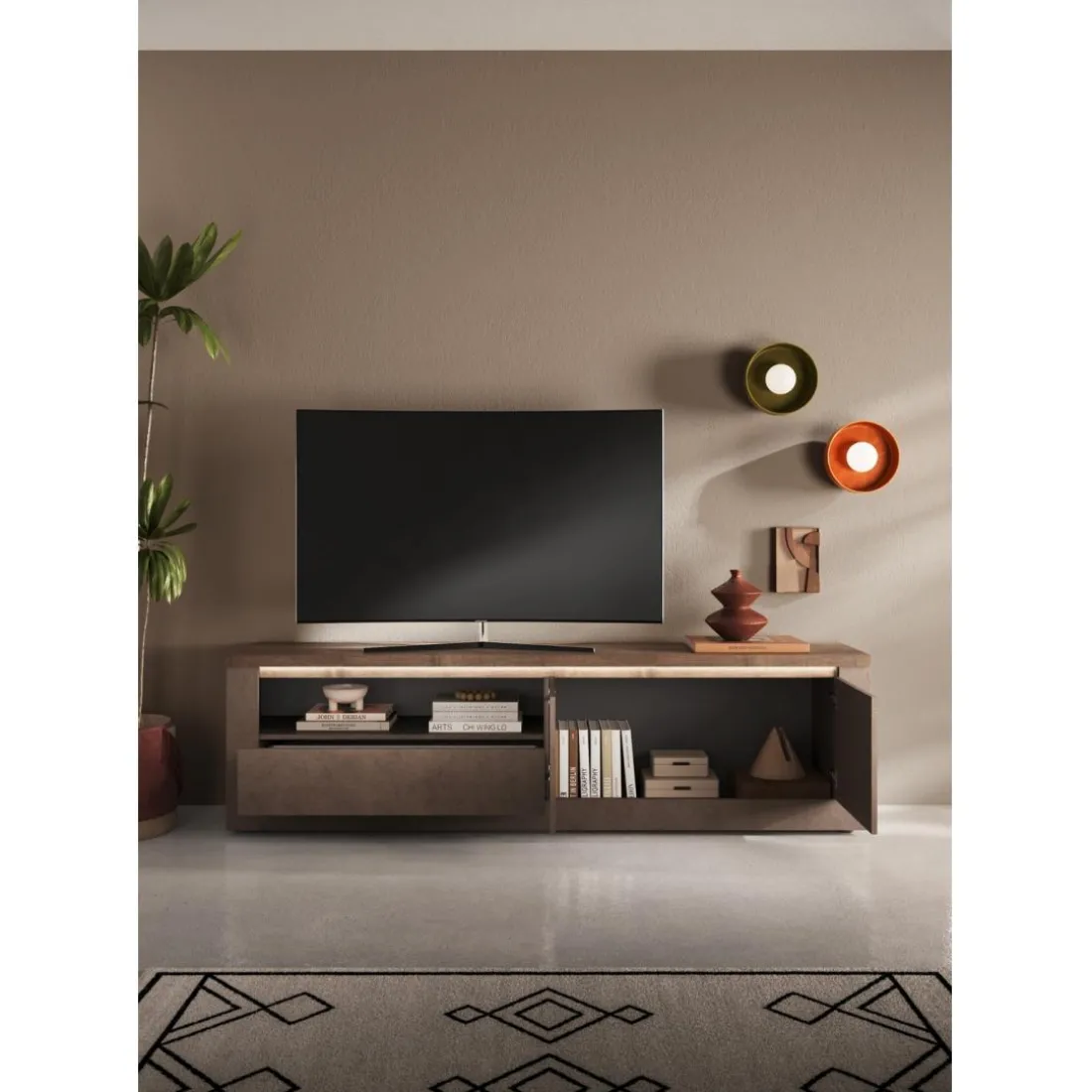 Meuble tv 2 portes et 1 Tiroir et niche ISCHIA avec éclairage LED intégré