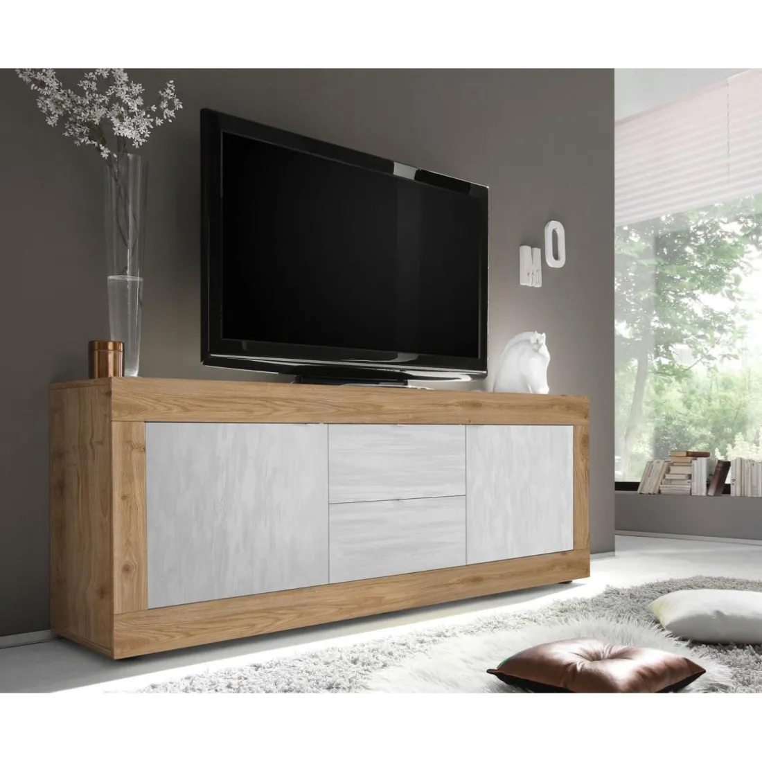 Meuble TV 2 portes et 2 tiroirs BASIC décor marbre blanc