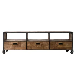 Meuble TV À Roulettes ALIDA 3 Tiroirs 3 Niches Bois Teck Recyclé Et Métal