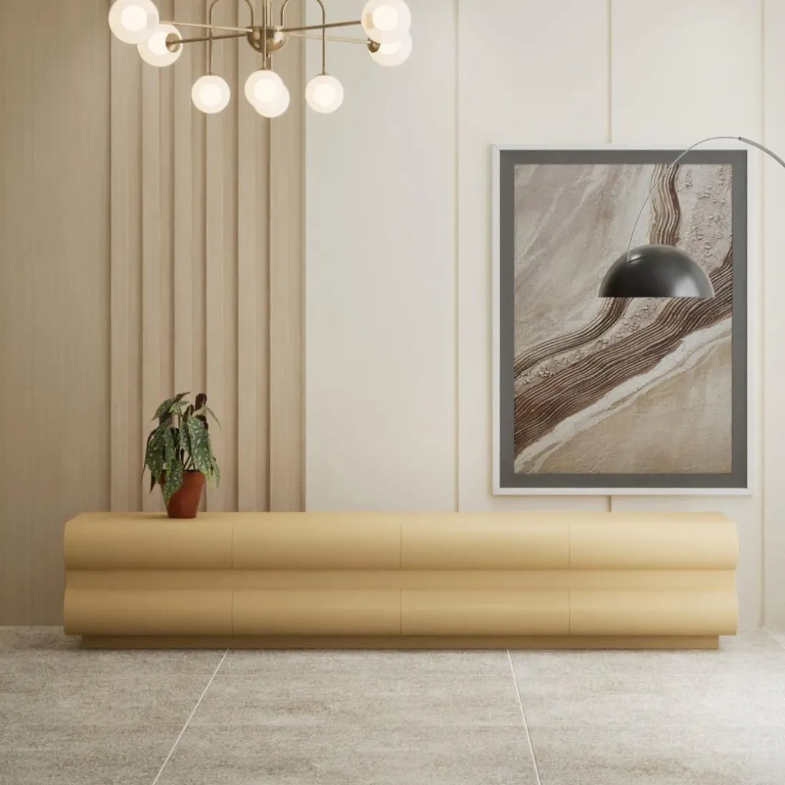 Meuble tv 8 tiroirs arrondis Mezade Bois Beige