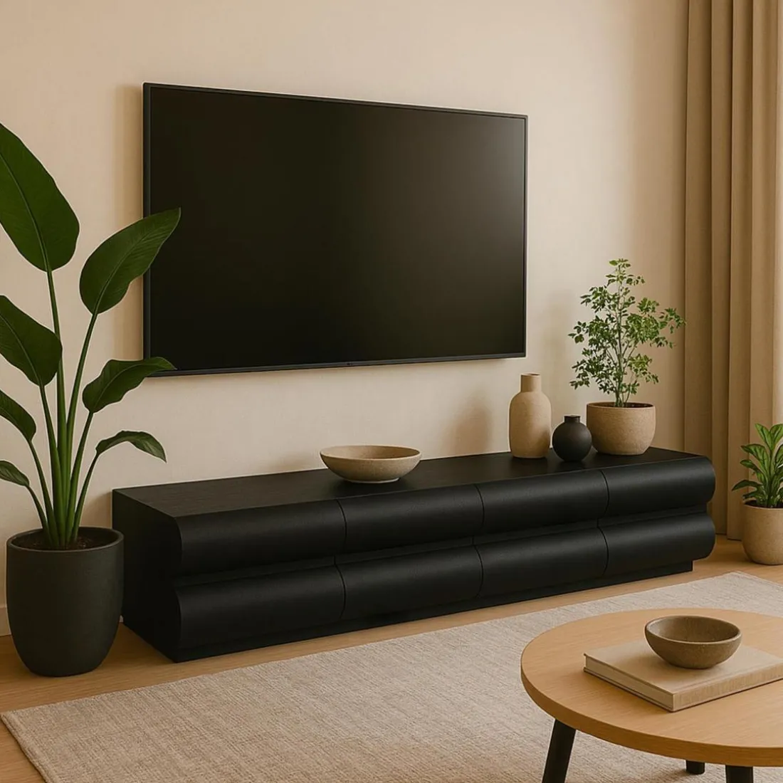 Meuble tv 8 tiroirs arrondis Mezade Bois Noir