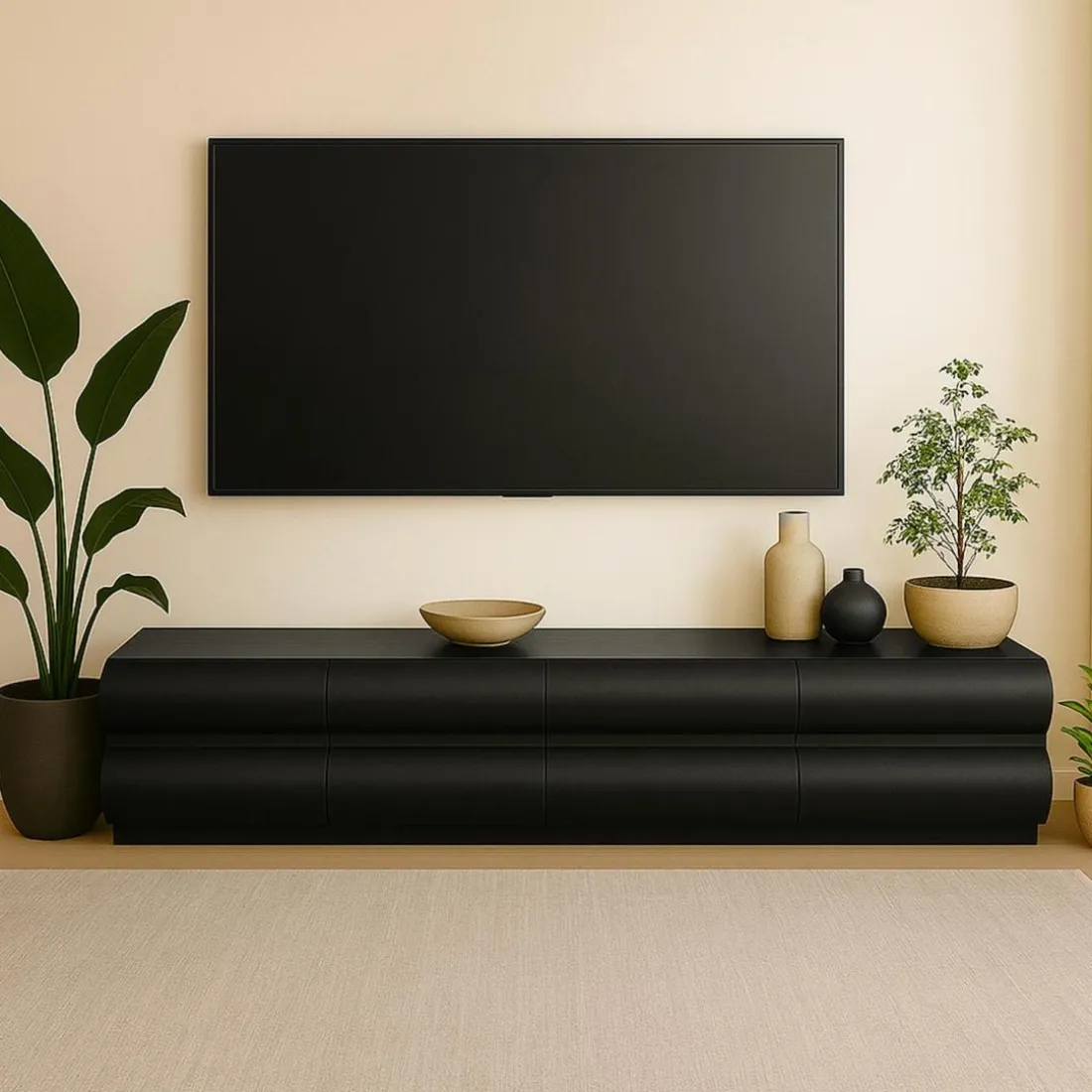 Meuble tv 8 tiroirs arrondis Mezade Bois Noir