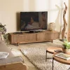 Meuble TV 2 tiroirs en bois teck recyclé et tissage naturel