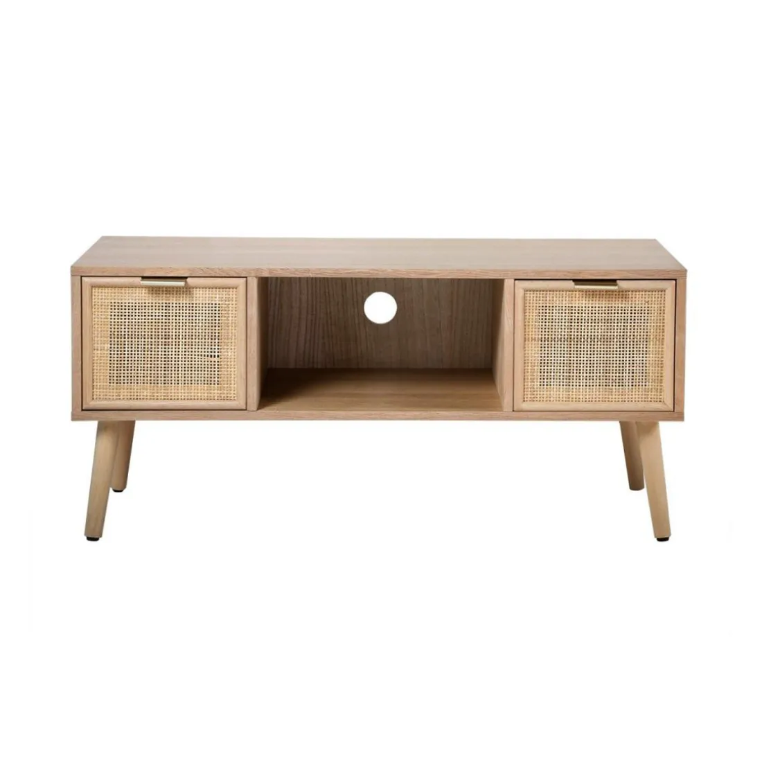 Meuble TV avec 2 Tiroirs Façades Rotin en bois Beige
