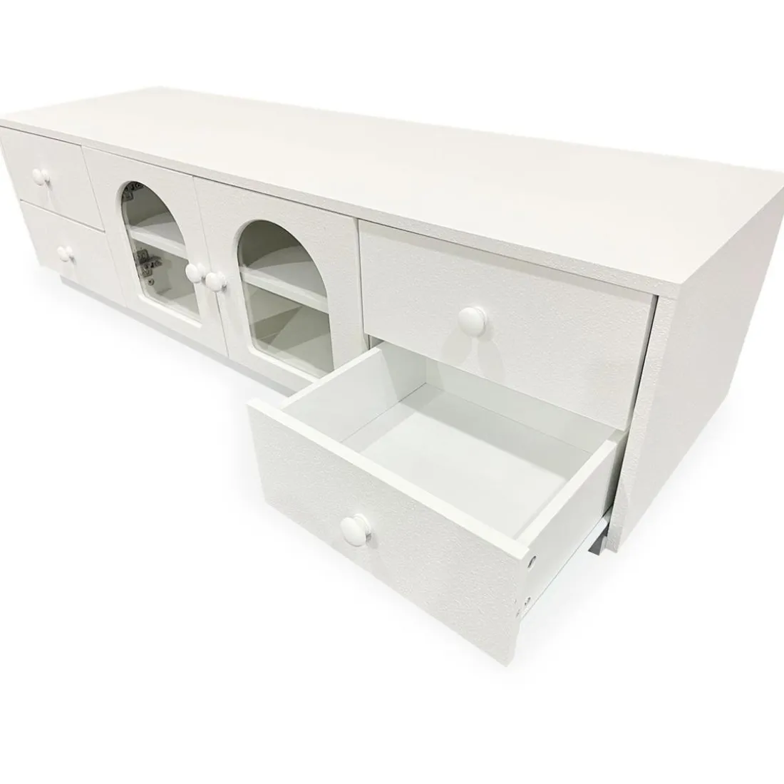 Meuble tv avec portes et tiroirs style naturel chic Volos Blanc texturé
