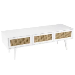 Meuble TV blanc 3 tiroirs cannage naturel
