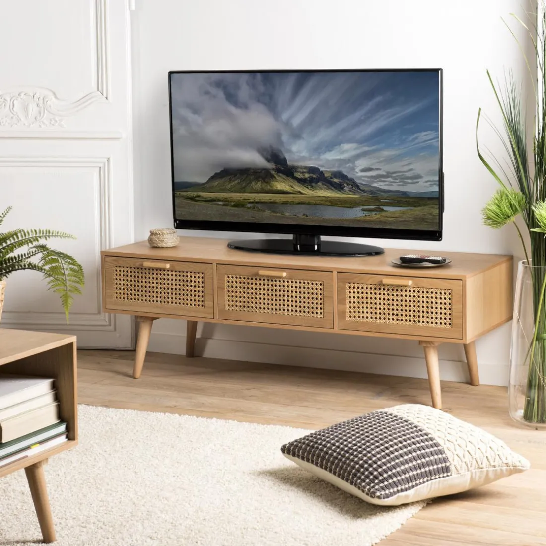 Meuble TV couleur naturel 3 tiroirs cannage - RODRIGO