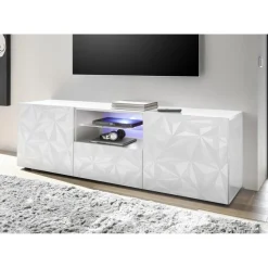 Meuble TV deux portes et 1 tiroir PRISMA laqué blanc brillant