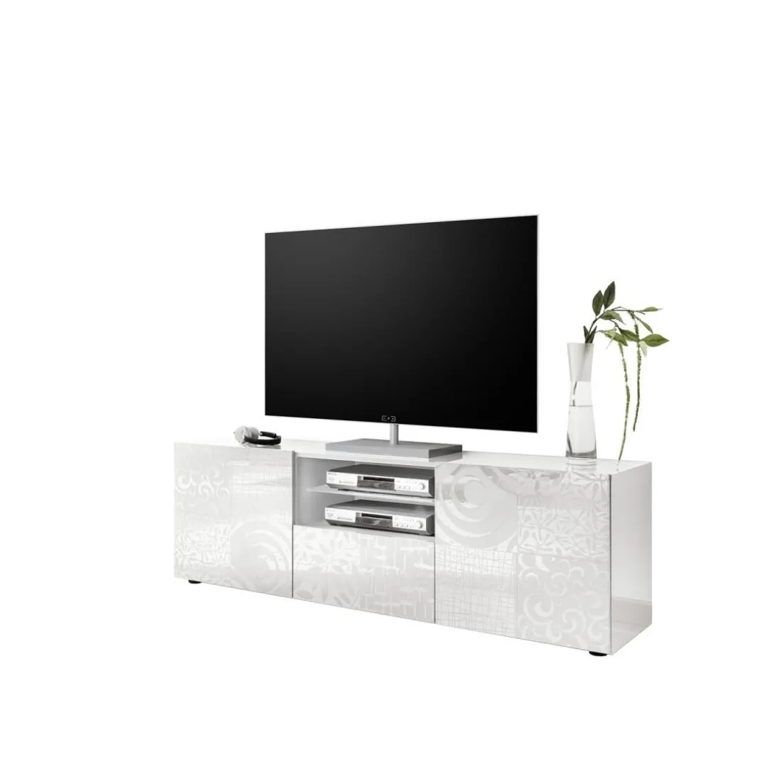 Meuble TV deux portes et 1 tiroir MIRO laqué blanc brillant