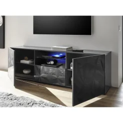 Meuble TV deux portes et un tiroir PRISMA laqué anthracite brillant