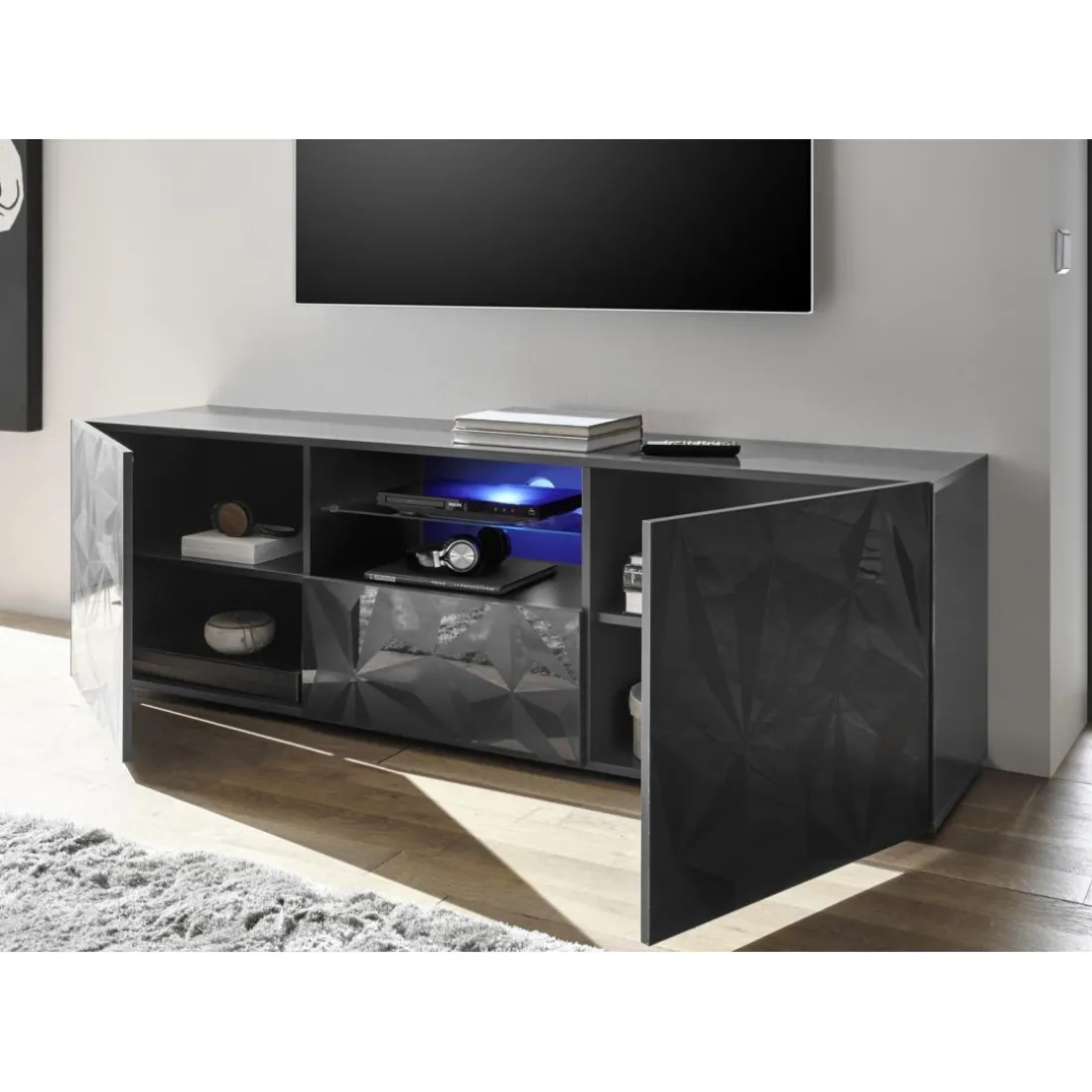 Meuble TV deux portes et un tiroir PRISMA laqué anthracite brillant