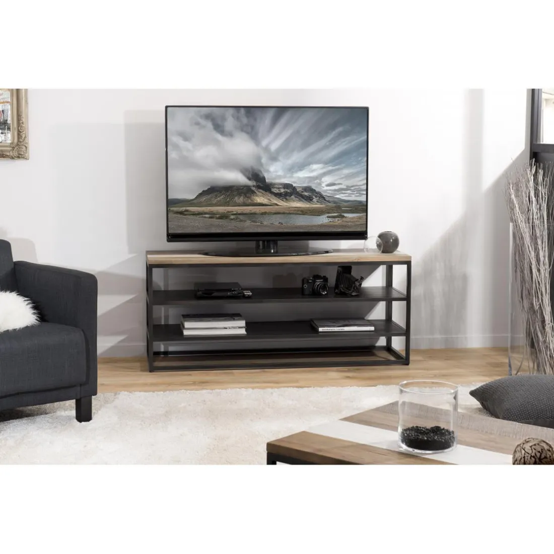 Meuble TV LEANDRE Avec 2 Étagères Bois Et Métal