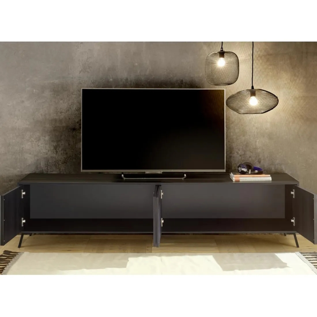 Meuble TV lowboard 4 portes chene noir