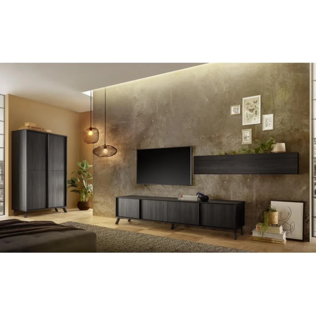 Meuble TV lowboard 4 portes chene noir