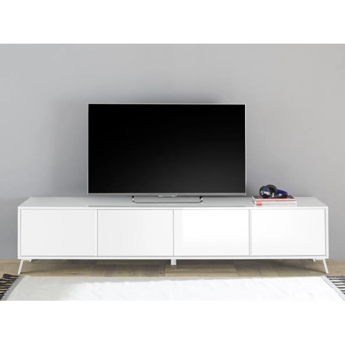 Meuble TV lowboard 4 portes blanc lacqué